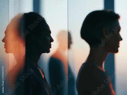 Silhouettes of diverse people reflected in glass, contemplating the future