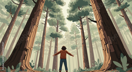 A person standing with arms outstretched in a majestic forest of tall redwood trees looking up at the canopy in awe and wonder, Generative AI.