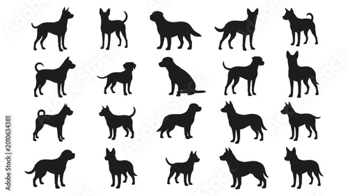 Fotografía Dog silhouettes collection various breeds and poses black on white high quality