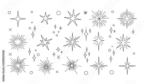 Collection of hand drawn stars bursts and sparkles in black and white