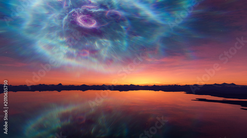Photos Surreal Aurora Sunset Over Mountain Lake With Vibrant Sky Reflection — 3D Render
