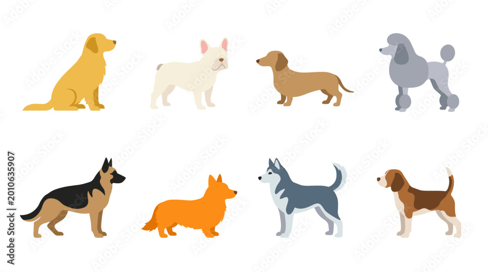 Obraz premium Diverse Collection of Illustrated Dog Breeds Flat Design Canine Companions