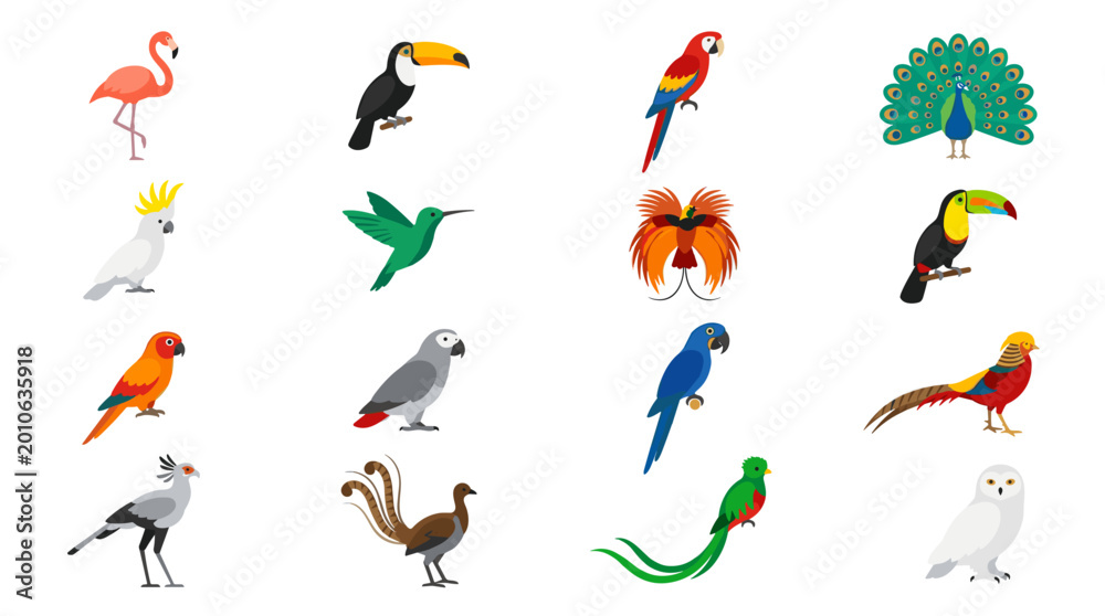 Fototapeta premium Vibrant collection of diverse exotic birds in flat design style illustrating various species
