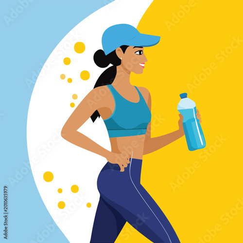 Woman runs holding water bottle against yellow and blue background