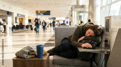 Solo traveler on layover sleeping beside charging station in airport