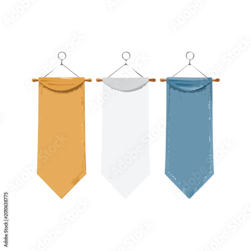Three colorful banners hanging on white background isolated for design