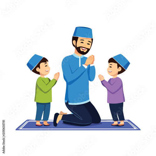 Father and sons praying together illustration for religious concepts