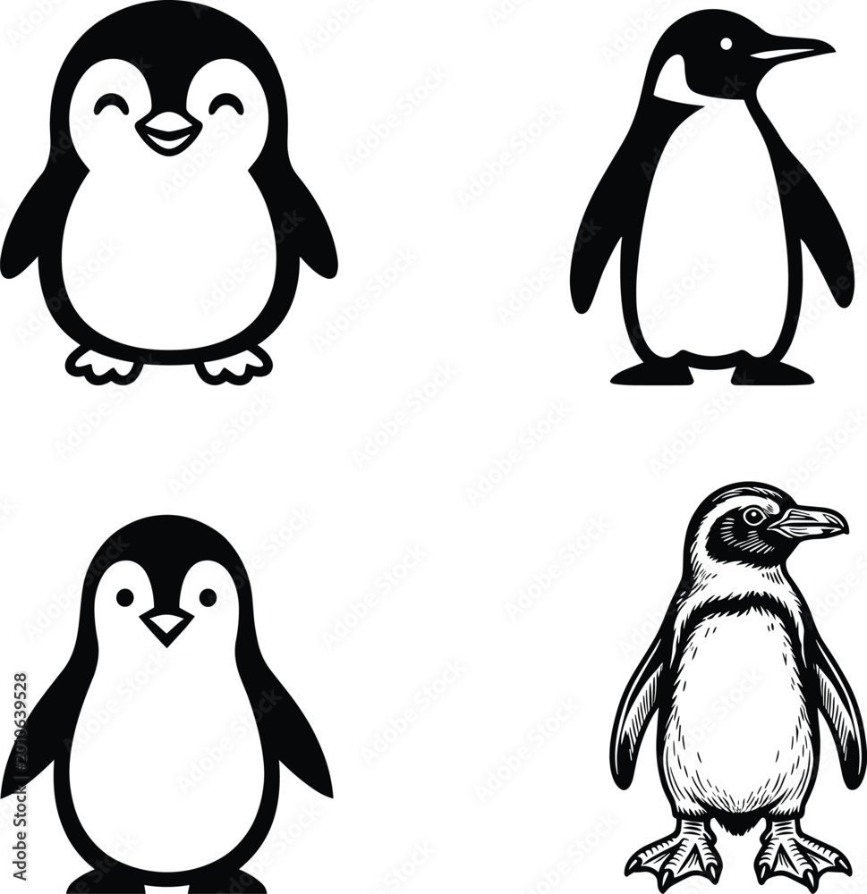 Fototapeta premium Vector set of black and white penguin illustrations featuring cute cartoon characters and realistic silhouettes for nature and wildlife design