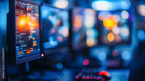 A blurred view of an office environment at dusk, featuring glowing computer screens and a modern workspace atmosphere.