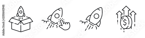 Rocket launch icons depicting startup growth and product launch. Editable stroke