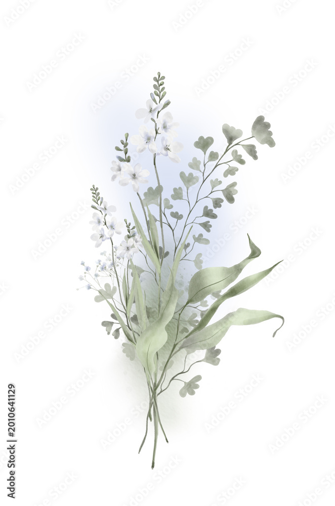 Fototapeta premium Delicate blue wildflower bouquet watercolor botanical arrangement isolated on white background