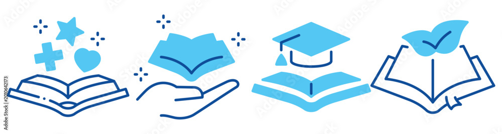Obraz premium Education icons showing learning reading graduation and approval on white background. Editable stroke