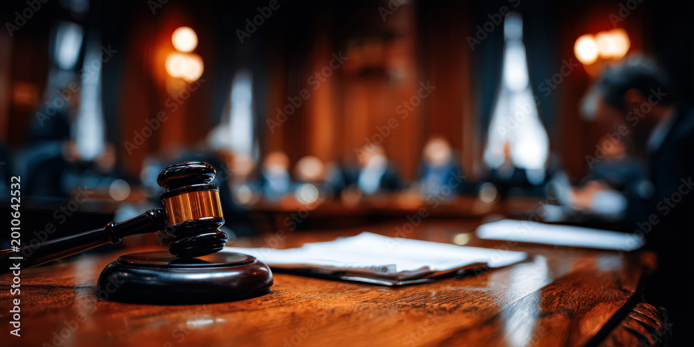 Obraz premium A wide angle view of a courtroom featuring a gavel on a desk, symbolizing justice and legal proceedings.