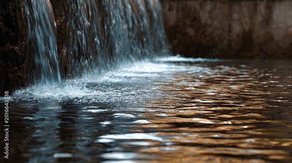 Naklejka premium A gentle waterfall cascades over rugged stone creating detailed ripples on the reflective surface of the pool below