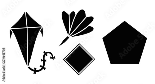Black Geometric Shapes: Kite, Flower, Diamond, Pentagon, Isolated on White