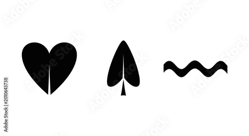 Black Heart, Spade, and Wavy Line Icons on White Background