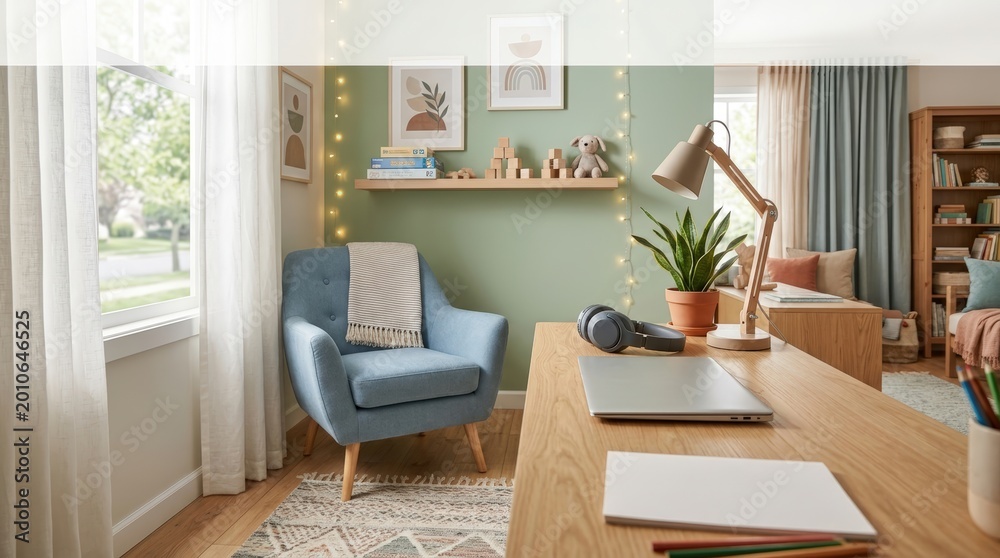 Fototapeta premium Scene of child friendly telehealth corner with comfortable seating and playful decor