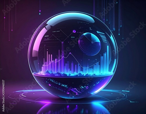 Futuristic Business Data Analytics Globe With Neon Charts and Interactive Financial Dashboard Visualization