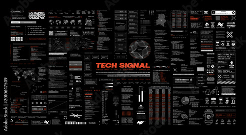 Futuristic tech HUD signal interface with System Alerts, infographics, code. Futuristic Sci-fi dashboard template with HUD, UI, UX, Kit elements. Сode, data, text, indicators. Cyberpunk vector set
