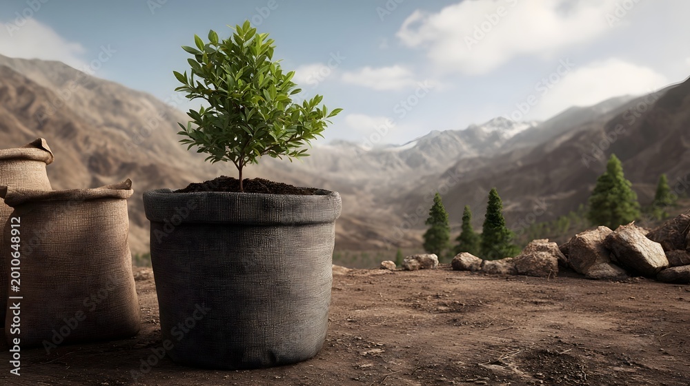 Obraz premium A young seedling planted in a pot set against a majestic rugged mountain landscape symbolizing growth and sustainability