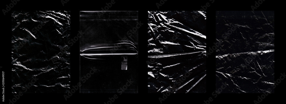 Fototapeta premium Polyethylene packaging frames with a crumpled effect and glossy finish. Plastic wrap textures high resolution. Polyethylene, cling film, package for design, album covers. High quality photo