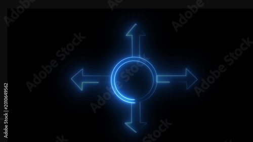 A glowing neon circle with four upward-pointing arrows against a deep black background.