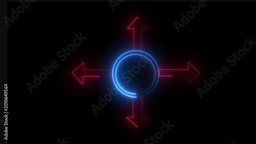 A glowing neon circle with four upward-pointing arrows against a deep black background.