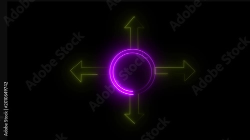 A glowing neon circle with four upward-pointing arrows against a deep black background.