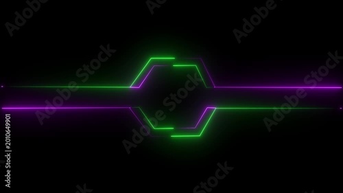 purple and green neon hexagon frame loop animation with black background.