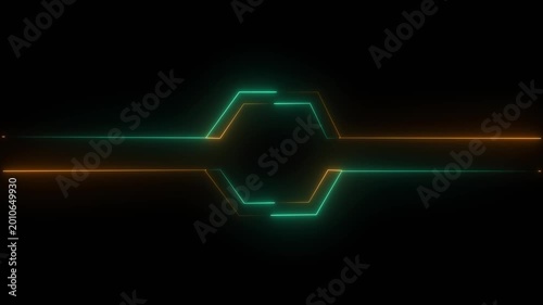 red and green neon hexagon frame loop animation with black background.