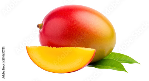 Whole and sliced mango with leaves, isolated on a transparent background