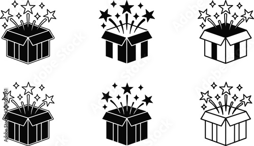 Magic Gift Box Icon Set Featuring Open Surprise Presents With Exploding Stars and Sparkles for Birthday Celebration Christmas Loyalty Reward Vector Illustration