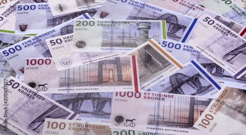 Fotografie Money, currency of Denmark, Danish krone banknotes