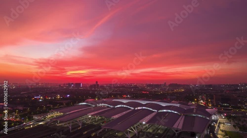 Modern City Train Station at Red Sunset