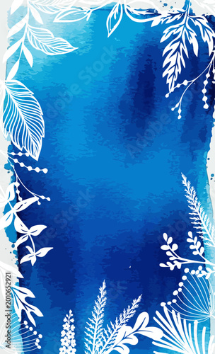 Bild auf Leinwand Watercolor blue background with delicate white flowers around the perimeter