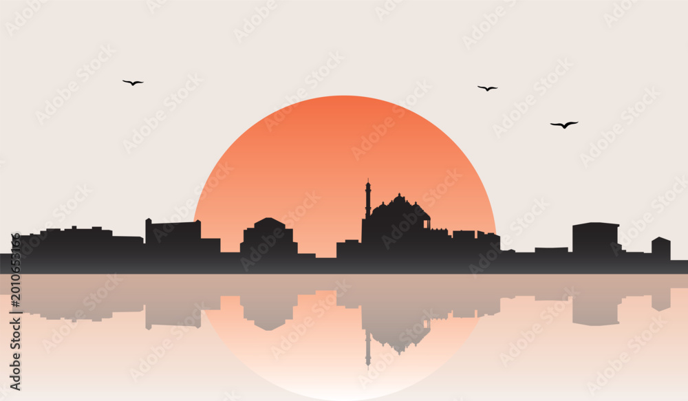 Obraz premium Minimalist contemporary Japanese-style drawing of a half sun skyline with water reflection poster panorama of NEW DELHI, INDIA