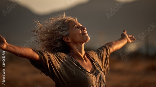Mature woman stands with arms outstretched, feeling the wind and sun on her face