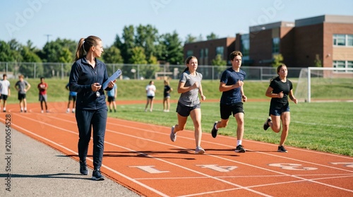 Coach monitoring students running on track field in summer