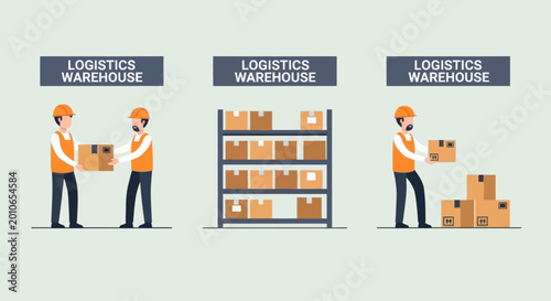 Quadro em tela Warehouse logistics workers handling packages and shelves with boxes