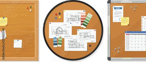 Quadro su tela Office Cork Boards Collection with Notes Pins Calendar and Architectural Sketche