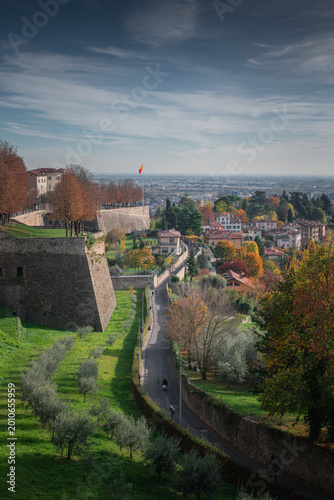 Historic Town with Fortress and Curving Road, Bergamo, Italy