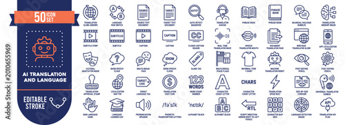 Obraz na płótnie AI Translation and Language Icon Set Vector with 50 Editable Stroke Icons for Li