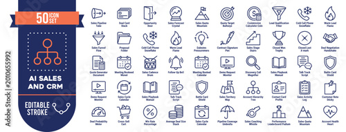Quadro em tela AI Sales and CRM Icon Set Vector with 50 Editable Stroke Icons for Business and