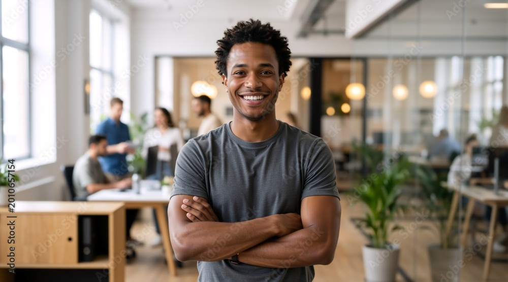 Obraz premium Smiling Black man with arms crossed in a modern office. Confident male employee standing in a casual corporate workplace. Teamwork and leadership concept