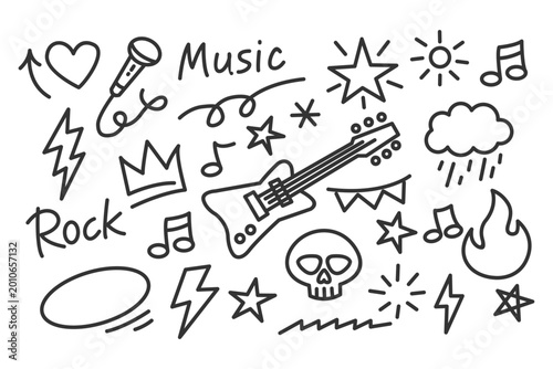 Collection of hand-drawn doodles featuring rock music icons, perfect for creative projects