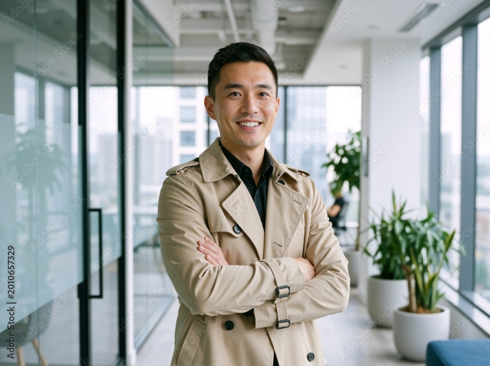 Fototapeta premium Smiling Asian businessman in a beige trench coat standing with arms crossed. Professional male executive in a modern office hallway. Confidence and leadership concept