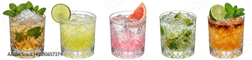 popular cocktails including mint julep margarita paloma caipirinha and mai tai in crystal rocks glasses on transparent background