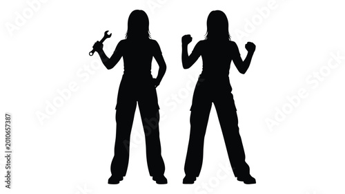 Foto Silhouettes of two women one holding a wrench against a white background