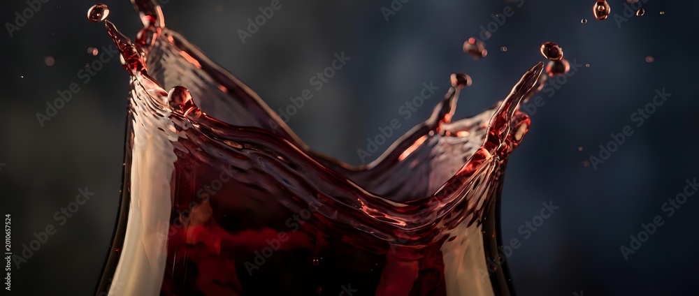 Fototapeta premium Dynamic red wine splash with elegant droplets and fluid motion against dark background for beverage advertising and culinary design projects.