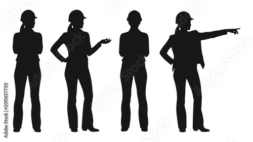 Female construction workers silhouettes in various poses against a white background